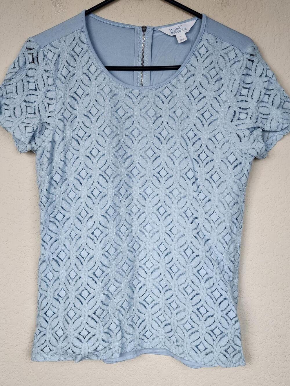 Light Blue Lace Patterned Short Sleeve Top - Size Small